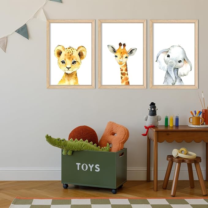 Nursery Decor Safari Baby Animal Giraffe Elephant Lion 3Pc 16x24 Wood Frame | Cute Prints Sign Wall Art for Children's Room