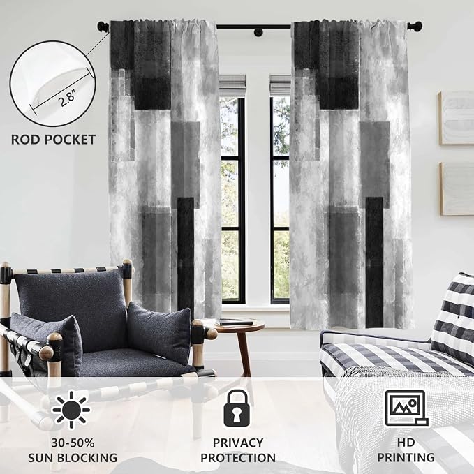 AAtter Black and White Window Curtain Abstract Grey Gray White Dark Ombre Gothic Art Aesthetic Mens Cool Living Room Bedroom Rod Pocket Drapes Treatment Fabric 1 Pair Home Decor, 42" W x 63" L, Modern