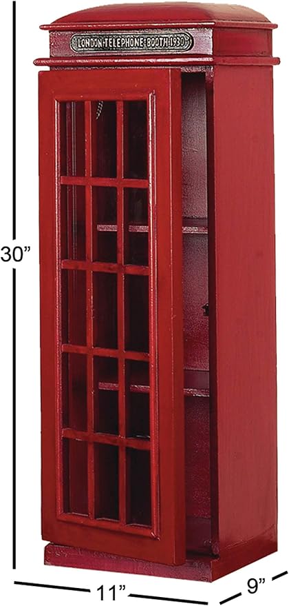Deco 79 Wooden Vintage Telephone Booth Accent Cabinet, 11" x 9" x 30", Red | London telephone booth, storage cabinet, 3 shelves, red bookshelf