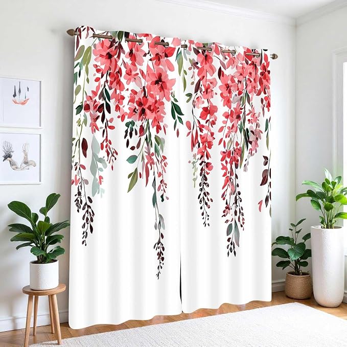 Red Watercolor Floral Curtains, Botanical Leaves Vine Flowers Curtain, Rustic Farmhouse Flower Leaf Blackout Window Treatment Drapes for Bedroom Living Room 42x96 inch, 2 Panels