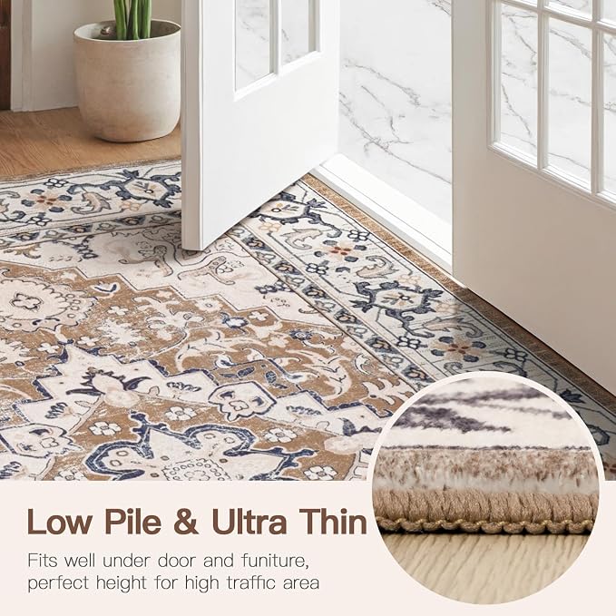 Lofus 2'6"x12' Runner Rug for Hallways, Washable Kitchen Rugs, Non-Slip Rugs for Entryway and Bedroom, Vintage Boho Carpet, Soft Low Pile Long Runner Area Rug, Floral Brown