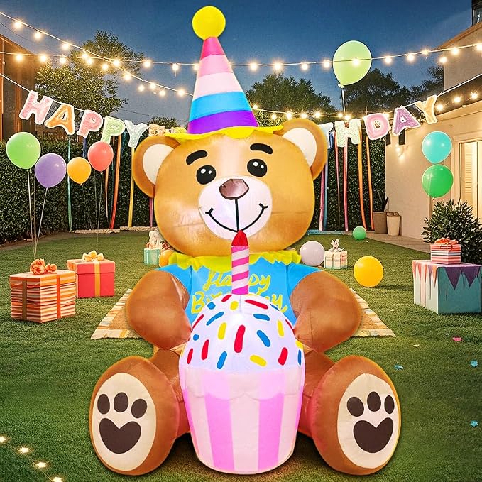 5FT Inflatable Bear with Birthday Cake Blow up Outdoor Yard Decorations, Built-in LED Lights for Holiday Party Garden Lawn Indoor Home Celebration