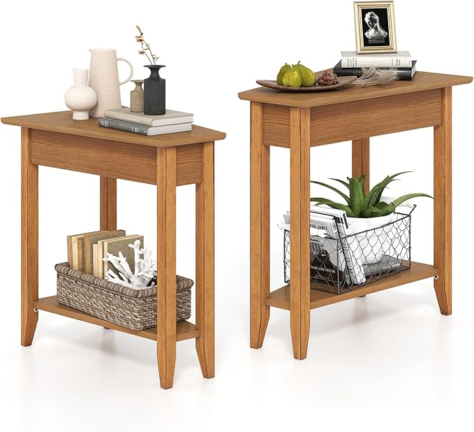 Giantex Wedge End Table, Triangle Side Table with Storage Shelf and Solid Wood Legs, 24.5" Tall Nightstand, Modern Narrow Accent Recliner Table for Small Space Living Room, Light Walnut