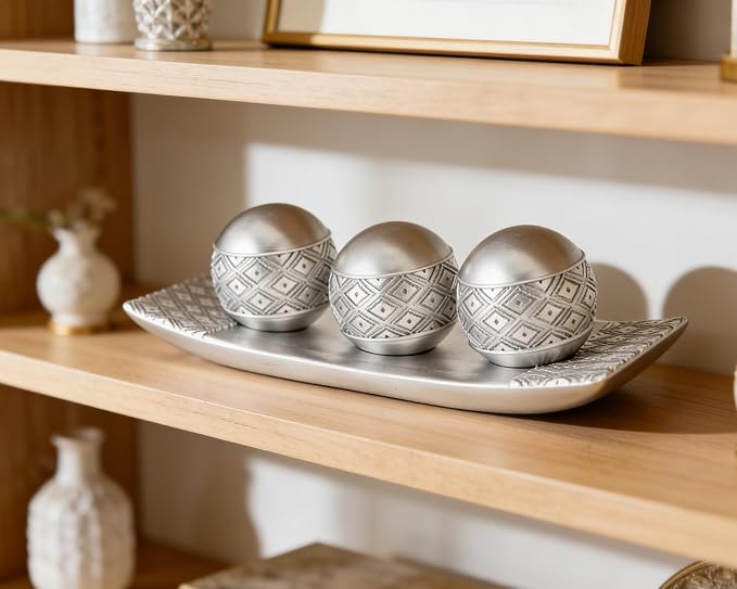Silver Decorative Orbs with Tray Set, 3Pcs Resin Decorative Balls with Tray, Modern Accent Sphere for Coffee Table, Dining Table, Living Room, Entryway