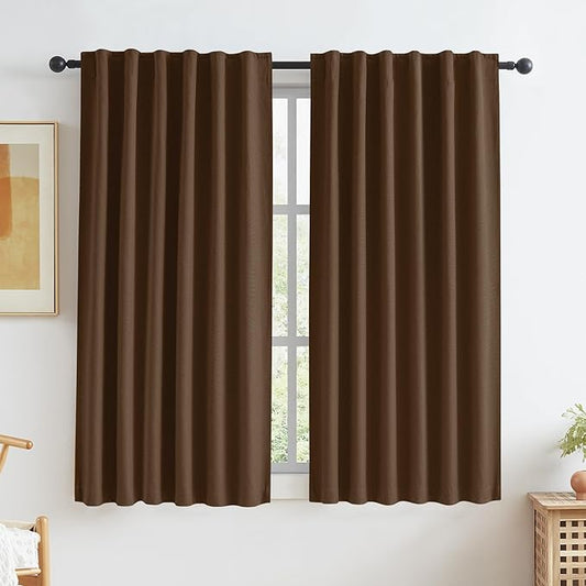 KEQIAOSUOCAI Full Blackout Curtains Faux Linen Textured Farmhouse Back Tab Rod Pocket Hook Belt Style Noise Reducing Thermal Inuslated Drapes 2 Panels 50 by 45 Inches Long Cocoa Brown