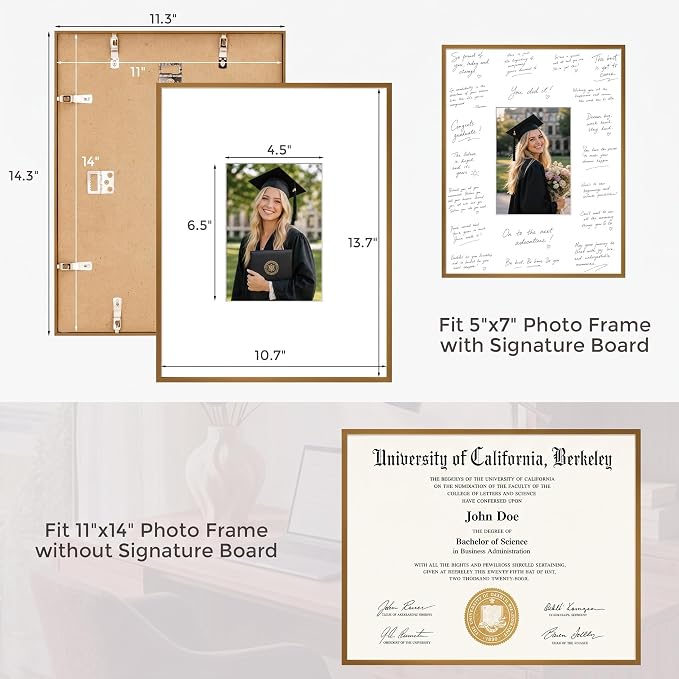 Signature Picture Frame 11x14, Aluminum Signable Frame with Mat, Bronze | Warm Bronze Signable Frame with 5x7 Opening for Wedding, Graduation, Birthday & Baby Shower Guest Book | Wall Kit Included