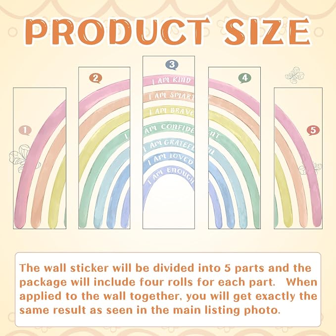 Tinideya 77" x 47'' Large Watercolor Rainbow Wall Decal with Inspirational Quote, Peel and Stick Rainbow Stickers Watercolor Vinyl Wall Mural Art for Girls Toddlers Playroom Bedroom Classroom(Pastel)