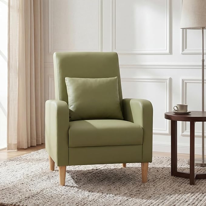 COLAMY Mid-Century Modern Accent Chair, Faux Leather Upholstered Living Room Chair with Back Pillow & Solid Wood Legs, Comfy Armchair for Living Room, Bedroom, Single Sofa, Light Green