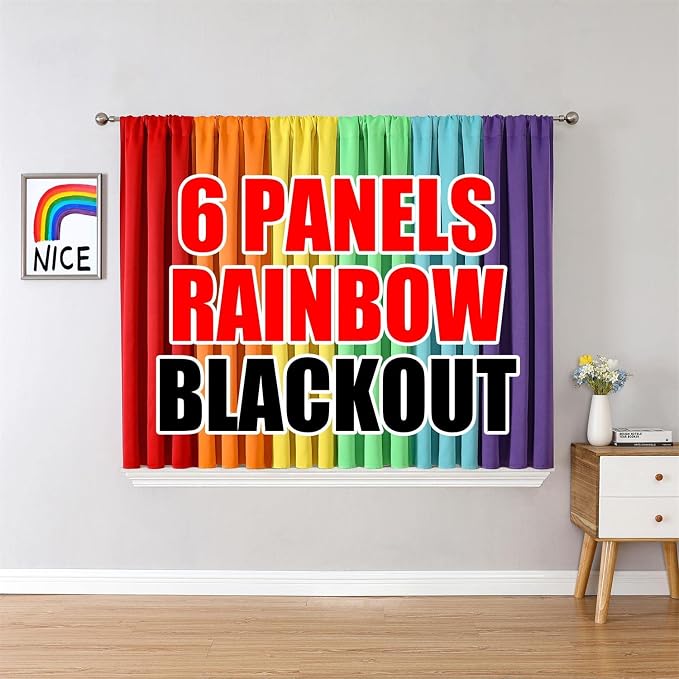 THOOO 6 Panel Blackout Rainbow Curtains for Bedroom & Living Room - 54 Inch Length, Room Darkening, Rod Pocket, Colorful Drapes in Red, Orange, Yellow, Green, Blue, Purple