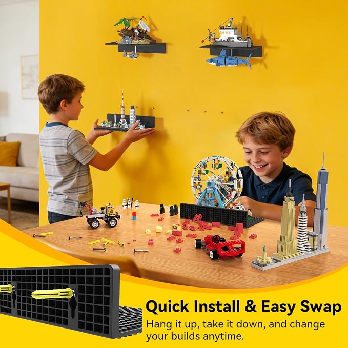 BlissBox 4-Pack Large Display Shelves for Wall Compatible with Lego Building Bricks, 11.3x6.3inch Dual-Sided 36x20 Studs for Brick Display and Storage, for Medium & Large Brick Builds, Black