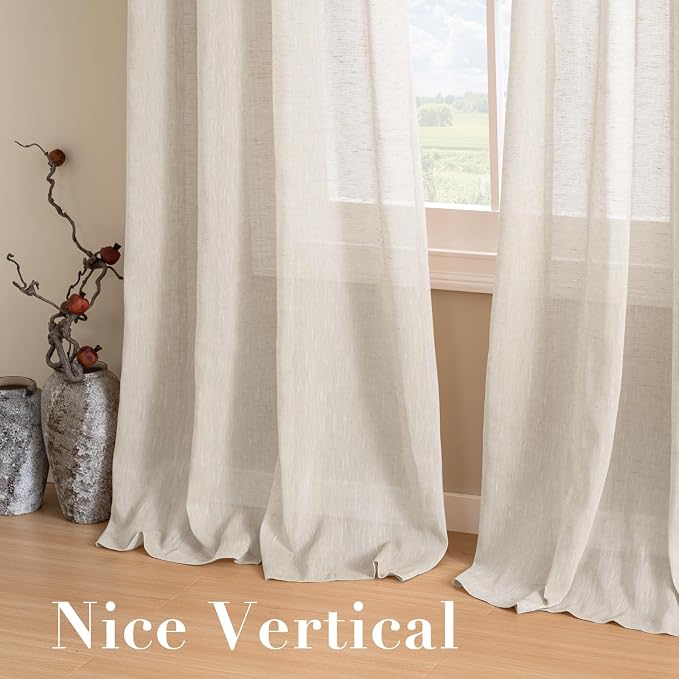 H.VERSAILTEX Linen Curtains Flax Linen Blended Curtain Panels for Living Room/Bedroom Semi Sheer Privacy Curtains 108 inch Length 2 Panels Set Nickel Grommet Window Drapes, Natural