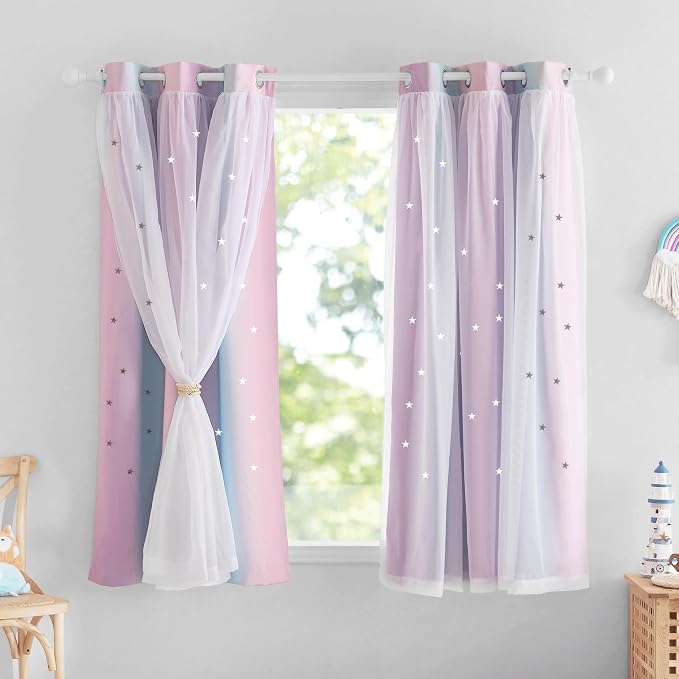 NICETOWN Girls Curtains for Bedroom Decorative Drapes for Kids Double Layer Curtain Sheer Overlay Room Darkening Pretty Princess Curtains for Nursery, 42x63 inch, Purple & Blue & Pink, 2 PCs