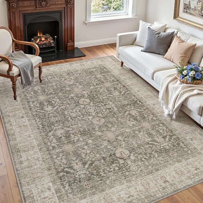 6x9 Area Rugs for Living Room: Vintage Boho Neutral Washable Rug Indoor Soft Large Area Rug Carpet for Bedroom Nursery Farmhouse Dining Room Office Floor Non-Slip Low Pile Under Table Rug Warm Taupe