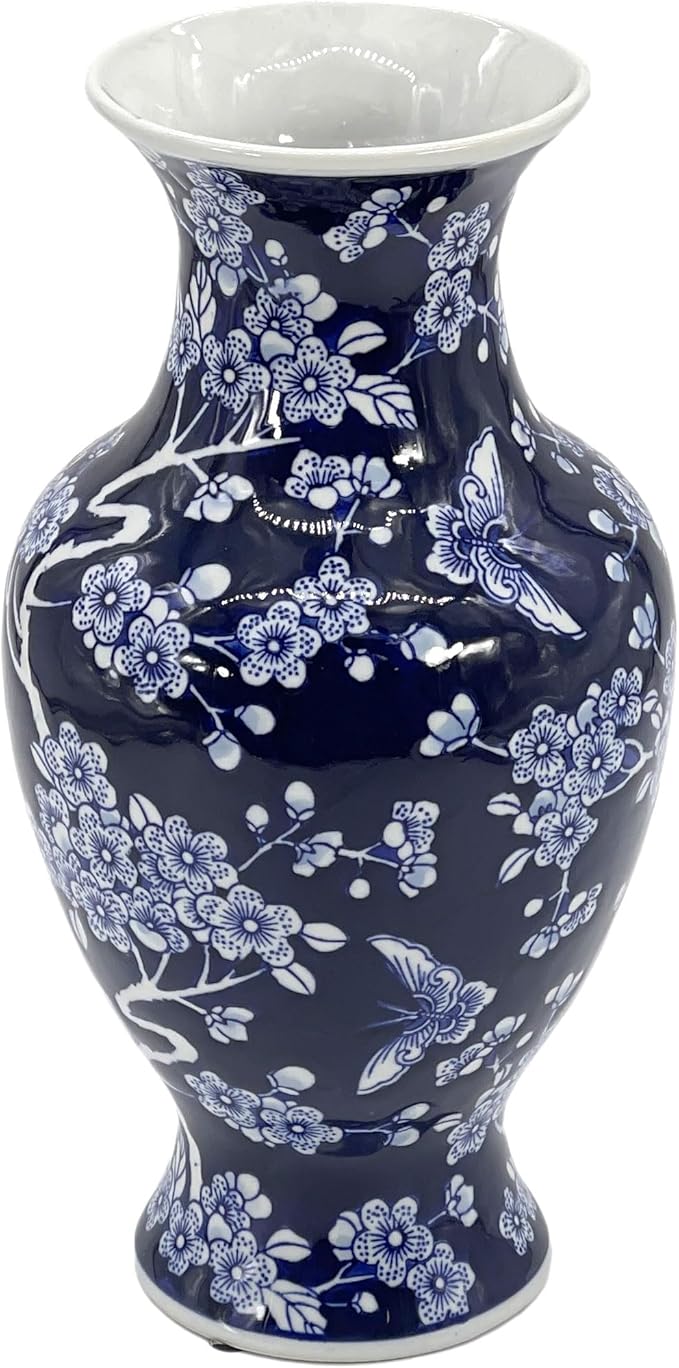 Galt International 14” Hand Painted Chinoiserie Ceramic Vase – Antique Style Porcelain Flower Bottle by Galt International, Fishtail Chinese Vase for Home Decor & Centerpiece - Dark Blue Floral