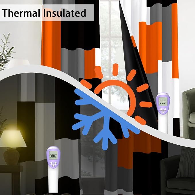 Tyrot Orange 100% Blackout Curtains for Bedroom 84 inch Length 2 Panels Set White Grey Modern Abstract Geometric Black Out Curtains Insulated Room Darkening Window Drapes for Living Room, 42Wx84L