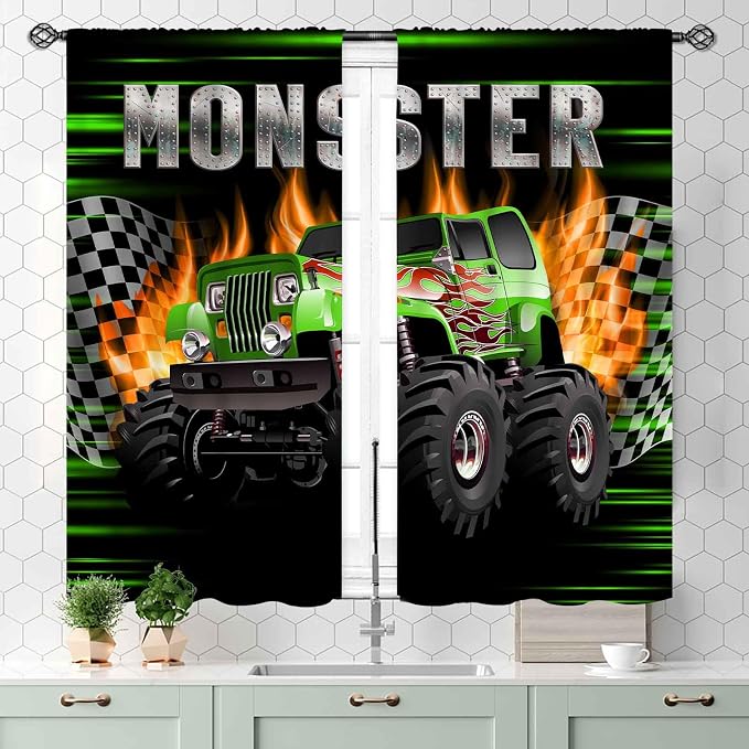 Truck Curtains for Boys Room, Burning Flame Tractor Truck Car Cool Monster Checkered Racing Flag Window Drapery Treatments for Boys Kids Bedroom Living Room Playroom Nursery 2 Panels, 55x39 Inch