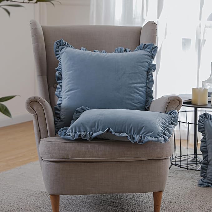 ISAENNE Classic Port Gray Square Throw Pillow Covers 18"x18" Set of 2, Solid Color Farmhouse Velvet Decoration Pillow Cover with Ruffles,Throw Pillow Case for Couch Sofa Bed Living Room Car