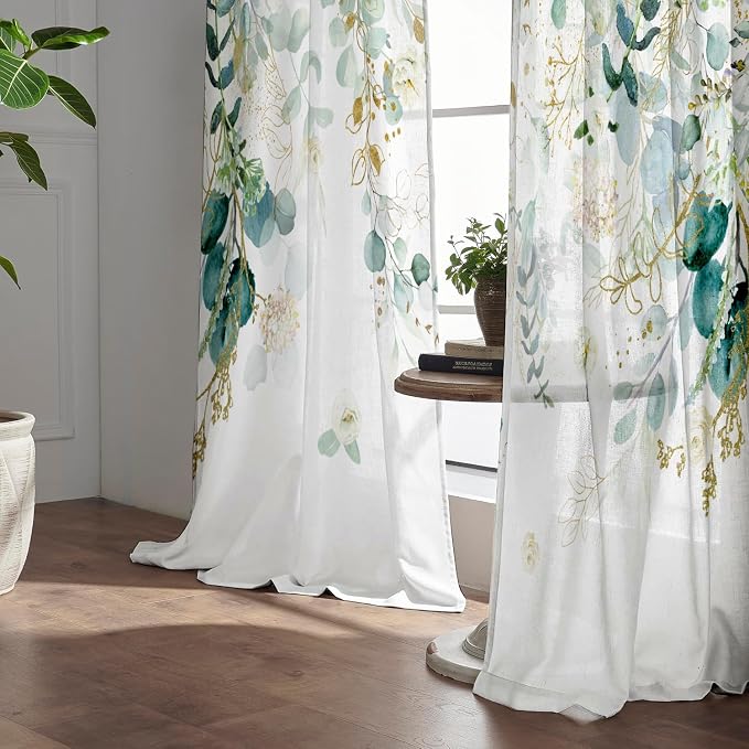 Gold Green Curtains 84 Inches Long Sage Green Leaves Light Filtering Curtain White Floral Drapes for Living Room Farmhouse Leaf Retro Elegant Window Curtains for Bedroom 2 Panels