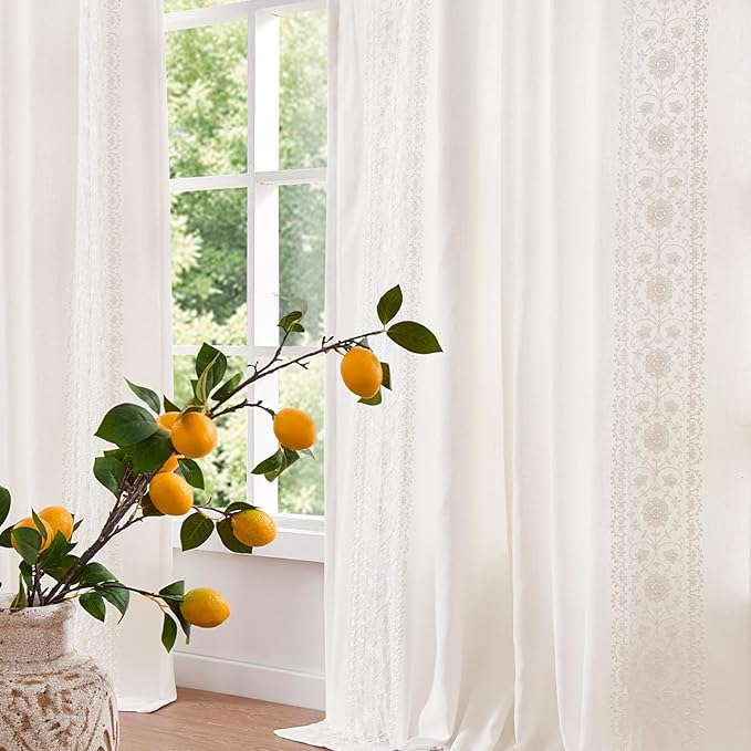 jinchan Weslie White Curtains for Bedroom Boho Vintage Floral Farmhouse Curtains 96 Inches Long Lined Linen Drapes for Living Room Embroidered Drapes Off White 2 Panels