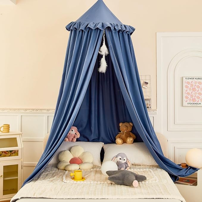 Princess Decor Canopy for Kids Bed, Soft and Durable Bed Canopy for Girls Room Tent Canopy Dreamy Mosquito Net Bedding, Children Reading Nook Canopies Indoor (Blue)