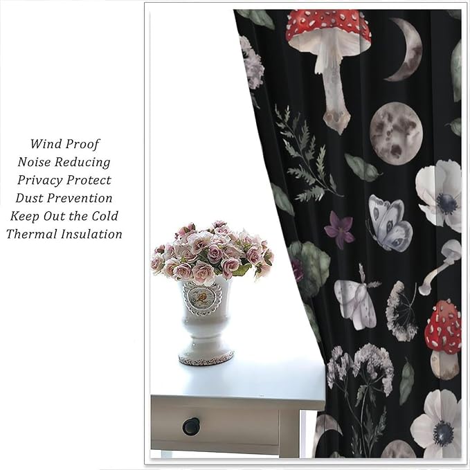 Vintage Mushroom Curtains, Gothic Dark Flowers Botanical Plants Herbs Mushroom Butterfly Moth Print Blackout Window Curtains for Kitchen Bedroom Livingroom, 55" W X 63" L
