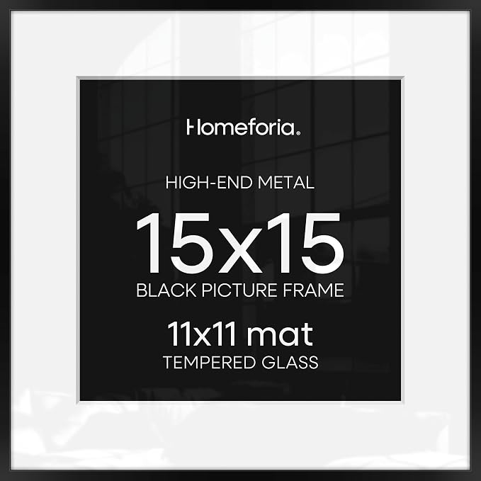 Homeforia 15x15 Picture Frame Black, High End Metal 15 x 15 Square Poster Frames with Mat 11 x 11 Photo, 15x15 Black Frame Matted to 11x11 Print, 15by15 Thin Frames, Tempered Glass, Wall Kit, Set of 2