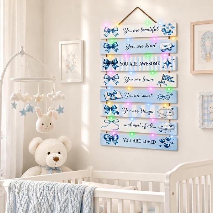 Cute Blue Bow Room Decor Set of 8 with Led Light for Teen Girls Kids Toddler, Preppy Inspirational Bow Wood Nursery Wall Decor for Dorm Bedroom, Dreamy Cozy Chic Motivational Princess Room Decor