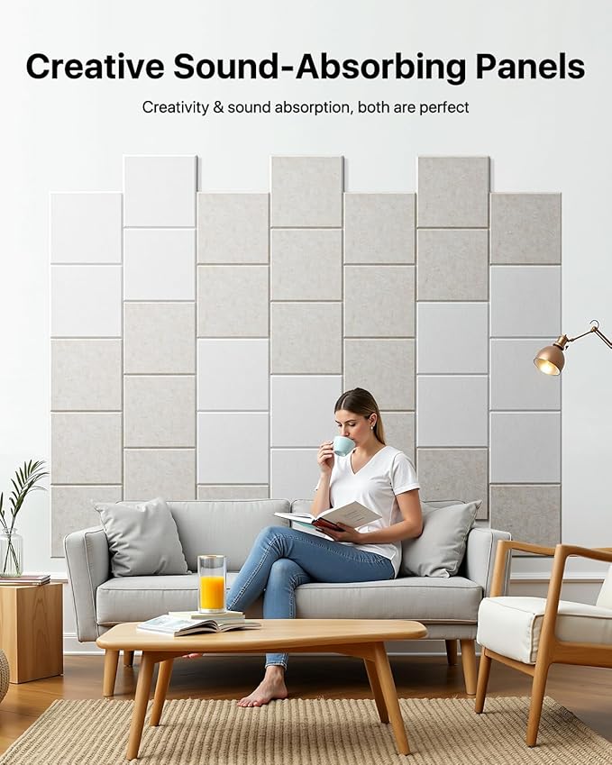 18 Pack Soundproof Wall Panels Self-Adhesive, Square Sound Proof Foam Panels for Wall, High Density Acoustic Panels, Acoustic Panels for Home Office, Recording Studio 12" X 12" X 0.4" Beige
