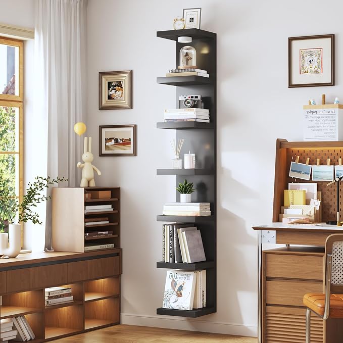 7-Tier Vertical Wall Shelf Unit with USB Rechargeable Led Light (Remote Controlled),Versatile Floating Display Shelves,Lack Style Wall Shelves for Bedroom,Living Room,Office Decor,Vanity-Black