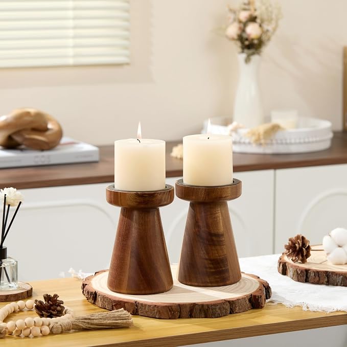 Acacia Wood Candle Holders for Pillar Candles, Set of 2 Vintage Rustic Tall Modern Farmhouse Decor, Decorative Wooden Candlestick Stand for Fireplace Mantel, Table Centerpiece