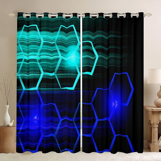 Feelyou Honeycomb Curtains for Bedroom Living Room Girls Geometrical Blackout Curtains Beehive Darkening Drapes (2 Panels, 38 x 45 Inch) Decor Light Blue and Blue Ombre Window Treatments
