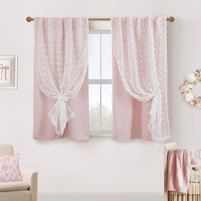 Lino Rosa Short Blackout Curtains for Bedroom Windows,Sheer Black Out Curtains 54 Inch Long,Pink and White