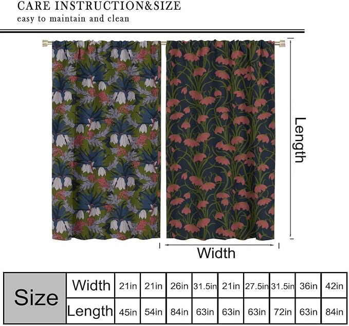 William Morris Flower Blackout Curtains, Vintage Botanical Paisley Abstract Floral Boho Window Drapes, for Living Room Bedroom 72" W X 63" L