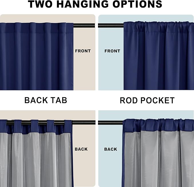 XWZO Full Blackout Curtains 84 Inches Length with Tiebacks- Heat and Light Blocking Rod Pocket & Back Tab Window Drapes with Black Liner Backing for Bedroom/Kid's Room, Navy Blue, W42 x L84, Set of 2