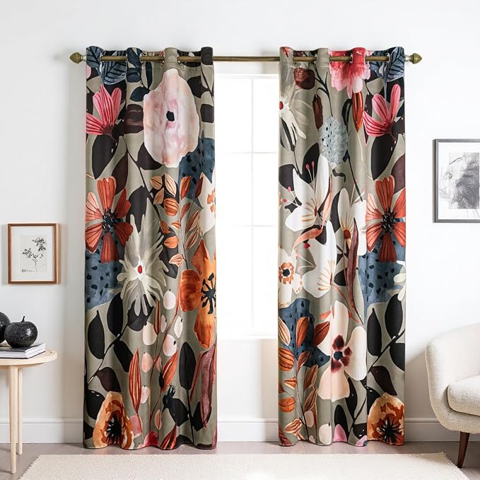 Floral 100% Blackout Curtains 96 inch Long 2 Panels for Bedroom Black Out Curtains Vintage Olive Sage Green Floral Botanical Pattern Full Light Blocking Window Drapes for Living Room 52 x 96 Inch