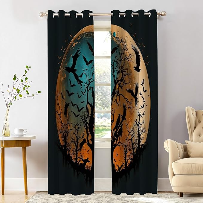 Shrahala Happy Halloween Funny Thermal Insulated Blackout Window Curtains, Yellowish Blue Moon Trees Bird Long Drapes for Bedroom/Living Room with Plastic Grommet, 52X84 Set of 2