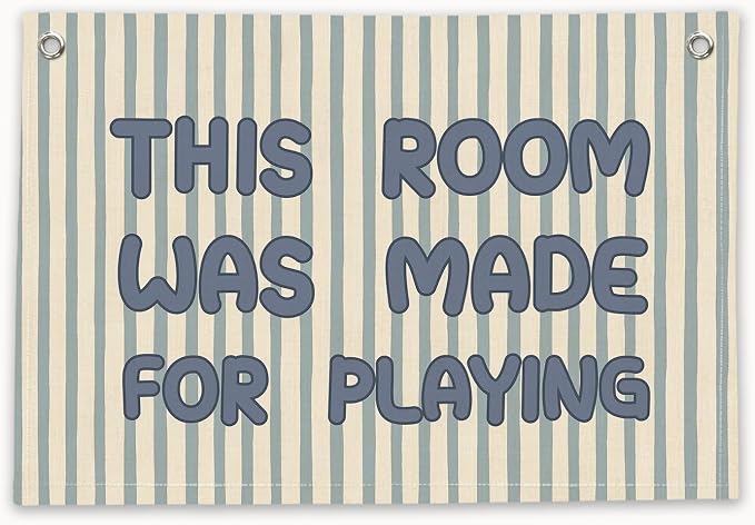 RTXLEZM Kids Playroom Decor, This Room Was Made for Playing Canvas Banner Wall Hanging, Retro Boho Blue and Cream Striped Wall Art Prints for Toddler Boys Room Bedroom Playroom Decor, 20x30 Inch