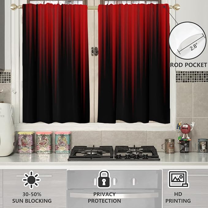 AAtter Red and Black Kitchen Curtains, Gothic 27.5" W x 39" L, 2 Panels | Burgundy Ombre Rod Pocket Bathroom Window Drapes, Dark Modern Abstract Style, Cool Anime Design, Spooky Small Short Tiers