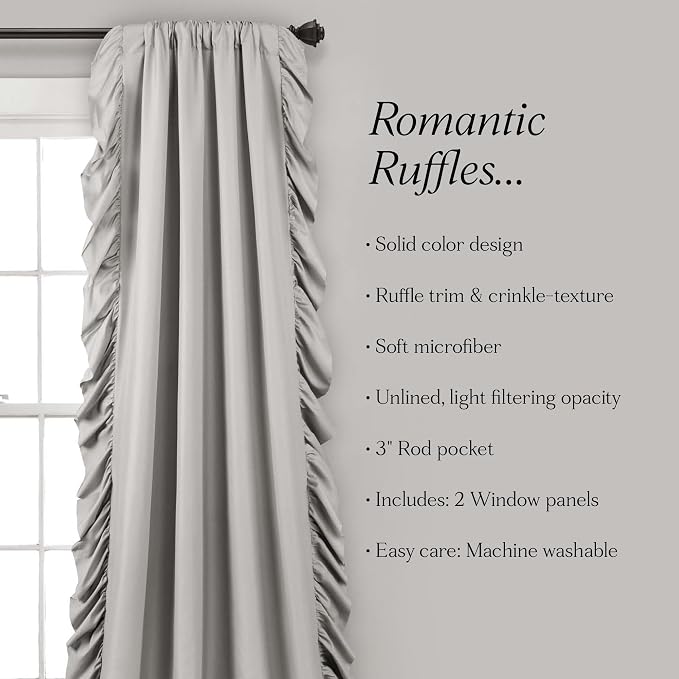 Lush Decor Reyna Ruffle Window Curtain Panel Set, Pair, 54" W x 95" L, Light Gray - Flowy Curtain - Romantic Ruffle Curtains for Bedroom, Living room, or Dining Room - Farmhouse & Cottage Home Decor