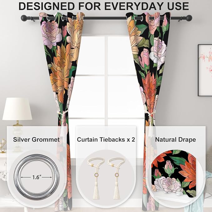 Boho Blackout Curtains 84 Inches Long 2 Panels Set with Curtain Tiebacks, Spring Thermal Insulated Soundproof Grommet Darkening Drapes, Vintage Floral Pattern Blackout Curtains for Bedroom Living Room