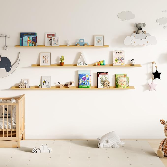 Fun Memories Picture Ledge Shelf, 40 Inch Floating Shelves Set of 2, Large Nursery Book Shelves for Toys Storage, Kids Bookshelf Wall Mounted for Wall Decor Books Photo Frames, Oak