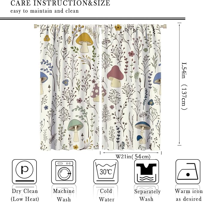 Mushroom Curtains,Colorful Plant Forest Botanical Print Window Treatments for Bedroom Living Room Kitchen Cartoon Herbs Floral Window Drapes 2 Panels Set,Total Size 42 x 54 Inch