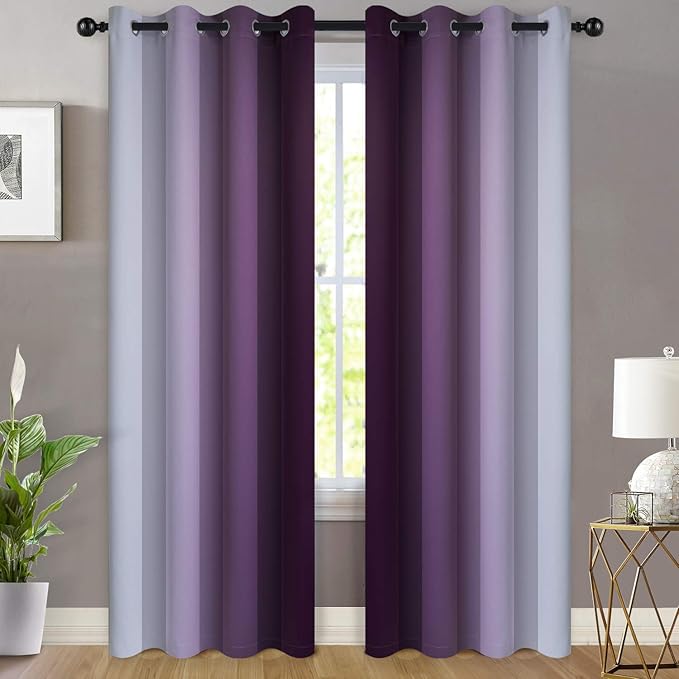 Yakamok Ombre Curtains Purple and Greyish White for Living Room,52Wx96L | Room Darkening Curtains 96,Thermal Insulated Gradient Color Drape,Light Blocking Grommet Window Curtains for Bedroom,2 Panels