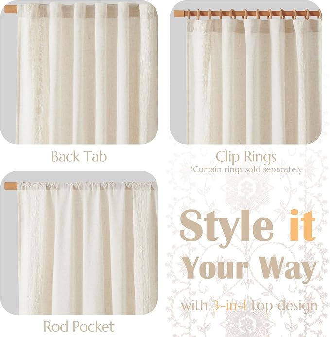 jinchan Weslie Boho Curtains for Bedroom Ivory Vintage Floral Farmhouse Curtains 63 Inch Length Linen Drapes for Living Room Embroidered Light Filtering Drapes Rod Pocket Ivory on Beige 2 Panels