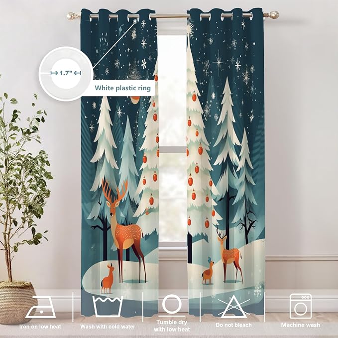 Shrahala Christmas Tree Elk Thermal Insulated Blackout Window Curtains, Red Ball Snowflake Blue Background Long Drapes for Bedroom/Living Room with Plastic Grommet, 52X84 Set of 2