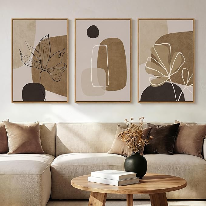 Framed Neutral Boho Abstract Wall Art for Living Room, 3 Piece Large Brown Mid Century Modern Canvas Artwork for Walls, Botanical Black Earthy Paintings Prints Hallway Wall Decor, 24x36 Inch