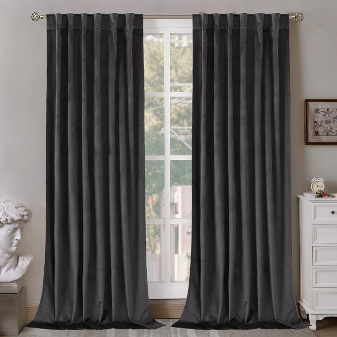 BGment Grey Velvet Curtains for Bedroom, Super Soft Luxury Thermal Insulated Blackout Velvet Curtains Room Darkening Noise Reduce Back Tab Rod Pocket Drapes for Living Room, 2 Panels, 52 x 80 Inch