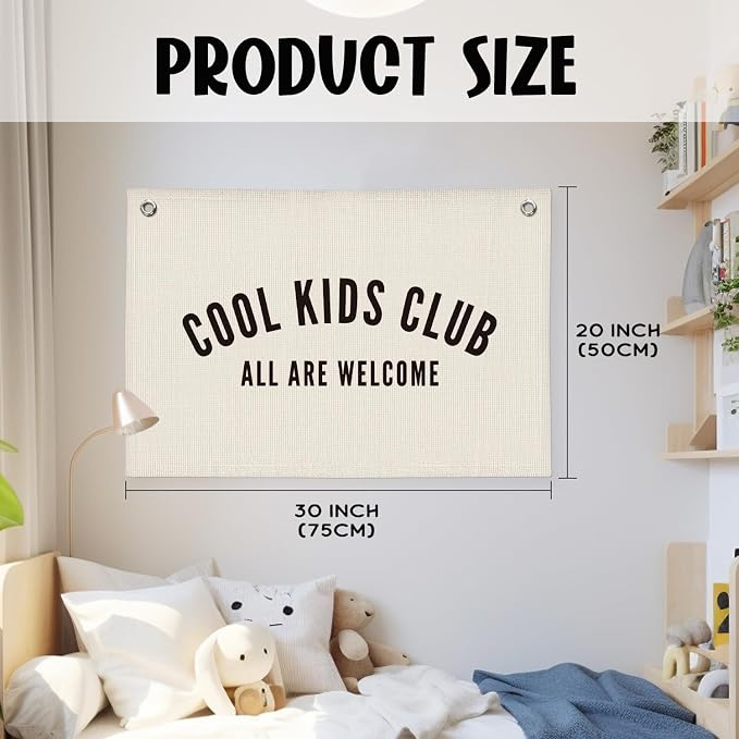Cool Kids Club Banner, Playroom Decor, Playroom Essentials, Kids Tapestry Wall Hanging Canvas Banner Flag Decor for Toddler Boy Nursery 20x30