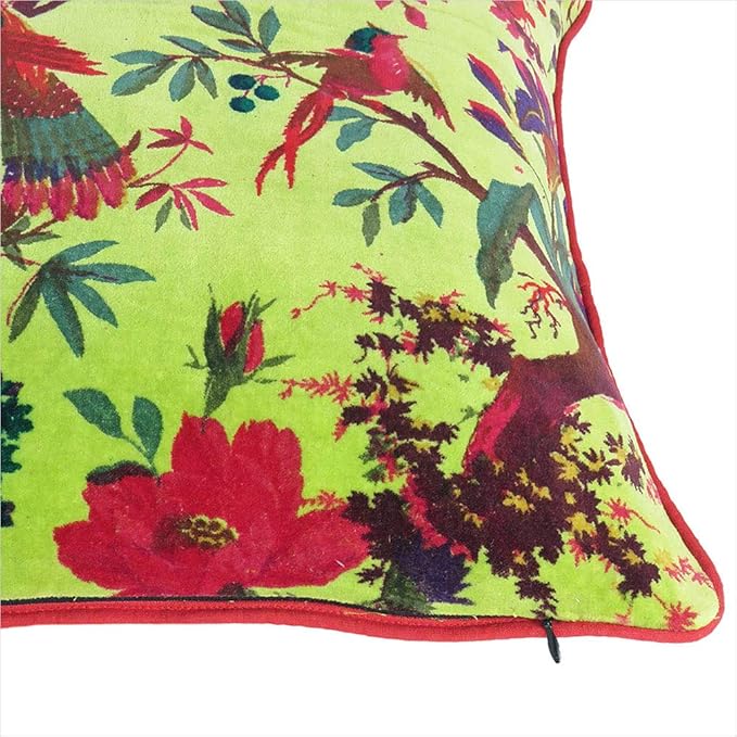 Velvet Floral Flower Bird Throw Pillow Sofa Cushion Cover Case Couch Colorful Boho Chic Bohemian Accent Indian Handmade (Light Green, 20" x 12")