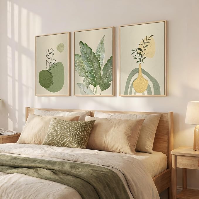 Framed Botanical Modern Wall Art for Living Room, 3 Piece Sage Green Boho Floral Canvas Paintings Prints, Minimalist Neutral Plant Pictures for Bedroom Dining Room Office Wall Decor, 16x24 Inch